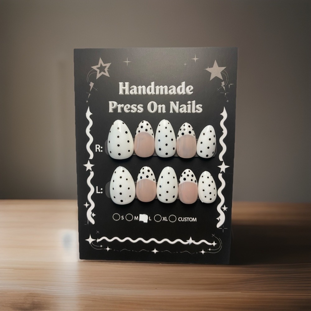 Trendy Black & White Polka Dot French Tip Press On Handpainted Almond Nail Set